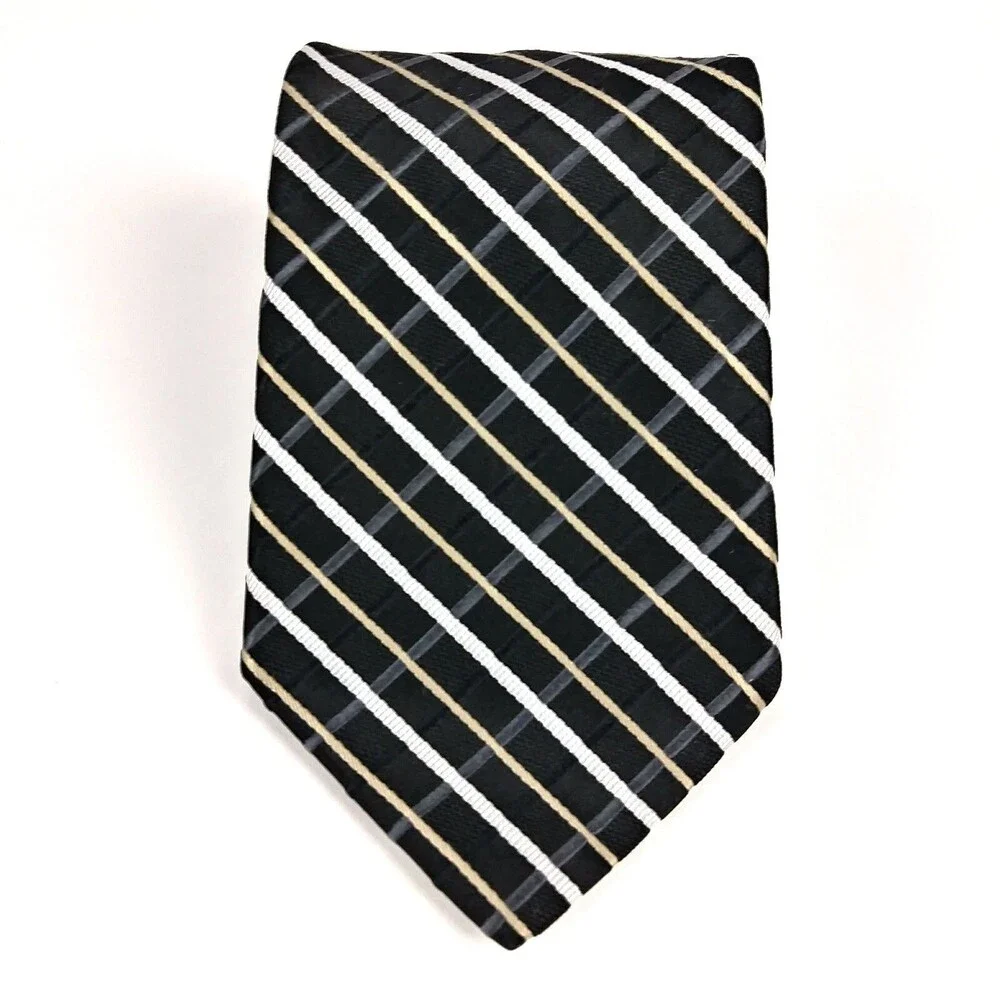 Tommy Hilfiger Designer Silk Necktie Two Tone Navy Blue Black White Striped Tie